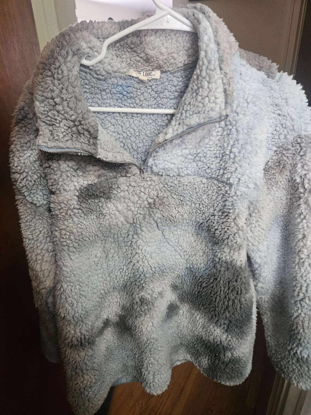 Peach Love California Plush Sherpa Jacket in Light Blue and Gray
